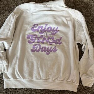 White Sweatshirt with Purple Graphic: Enjoy the Good Days : size Large